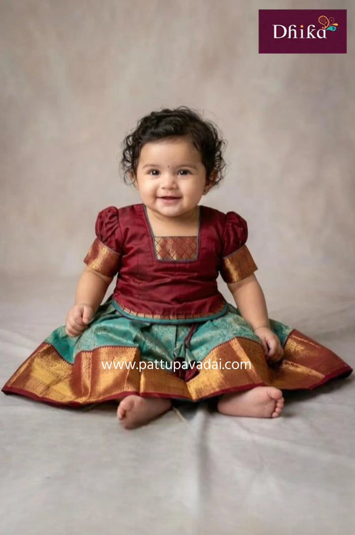 Kids Blue and Maroon Silk Pavadai
