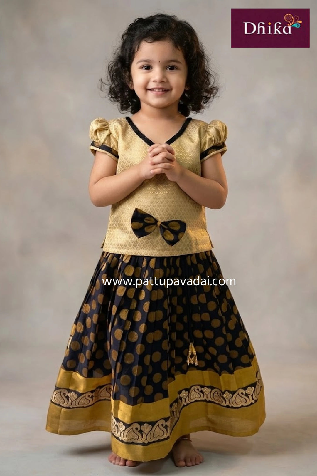 kids black brocade skirt with cream top traditional pavadai set with golden butta and tassel work