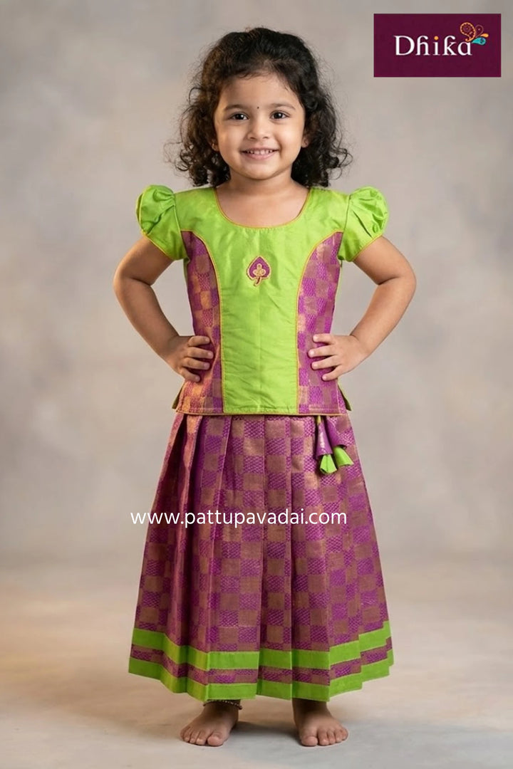 kids brocade magenta skirt with parrot green top traditional langa set for girls