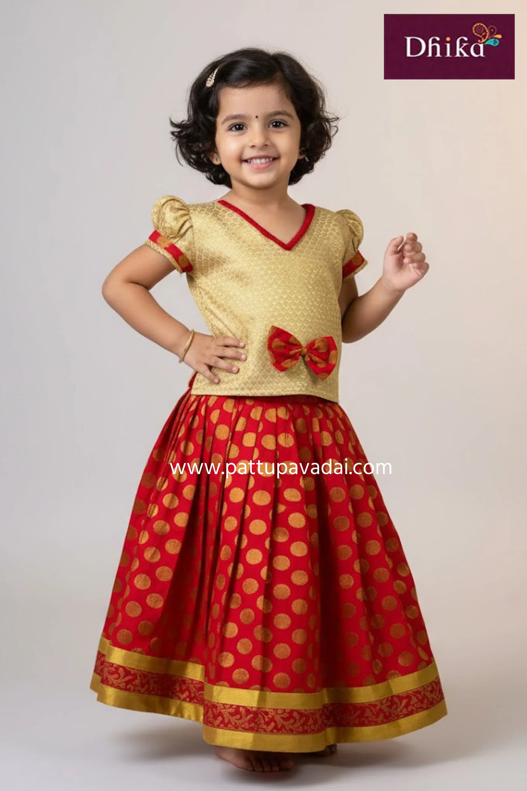 kids red brocade skirt with cream top golden tassel work traditional pavadai set