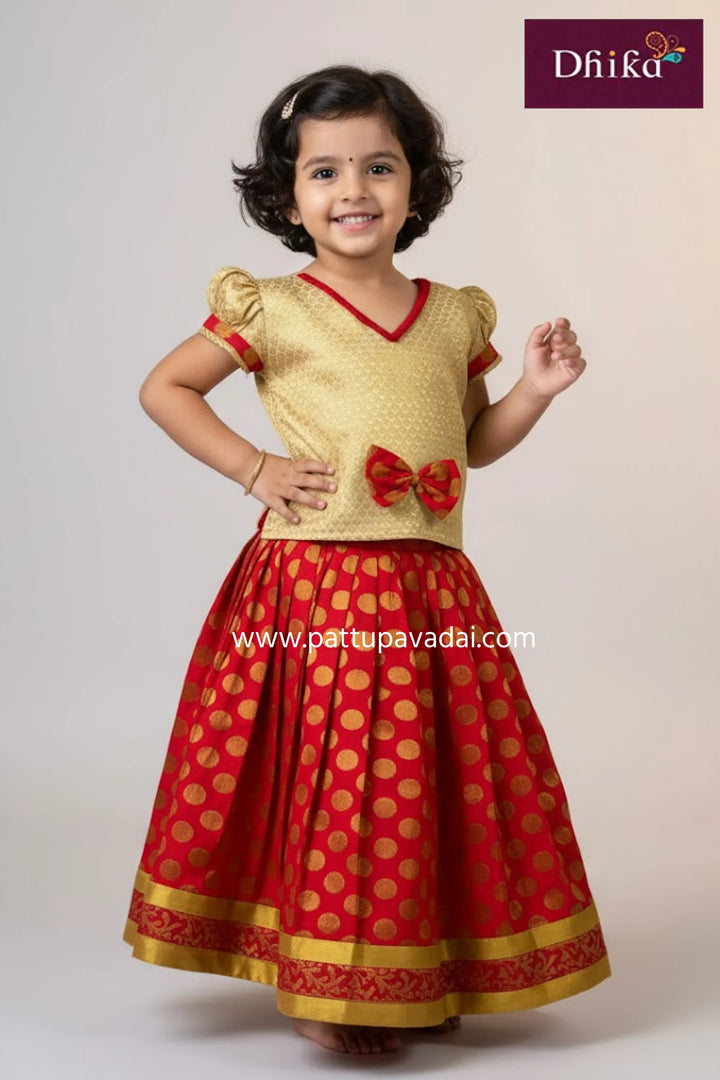 kids red brocade skirt with cream top golden tassel work traditional pavadai set