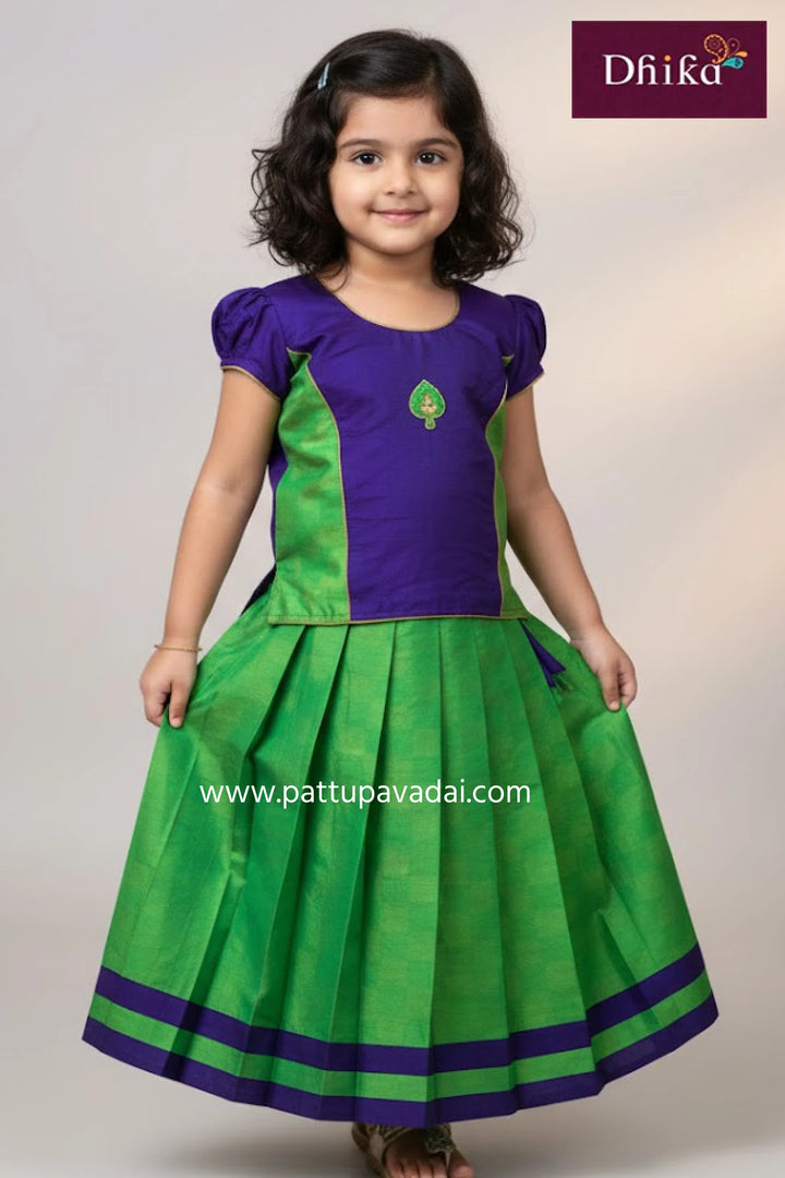 Kids Brocade Violet Skirt with Parrot Green Top