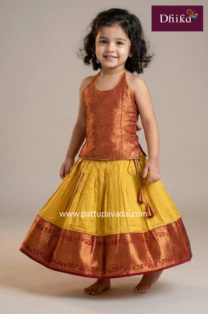 Kids Designer Silk Pavadai Yellow and Red