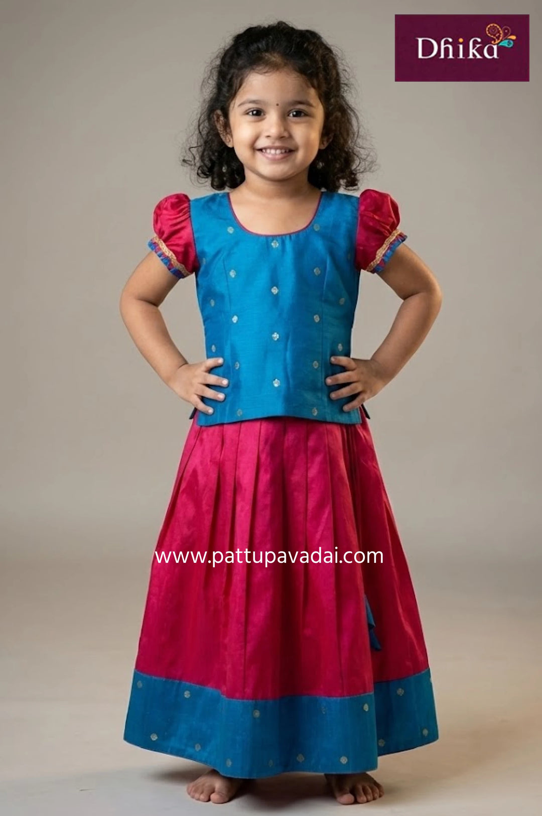 kids pink blue dupion pattu pavadai with big border skirt