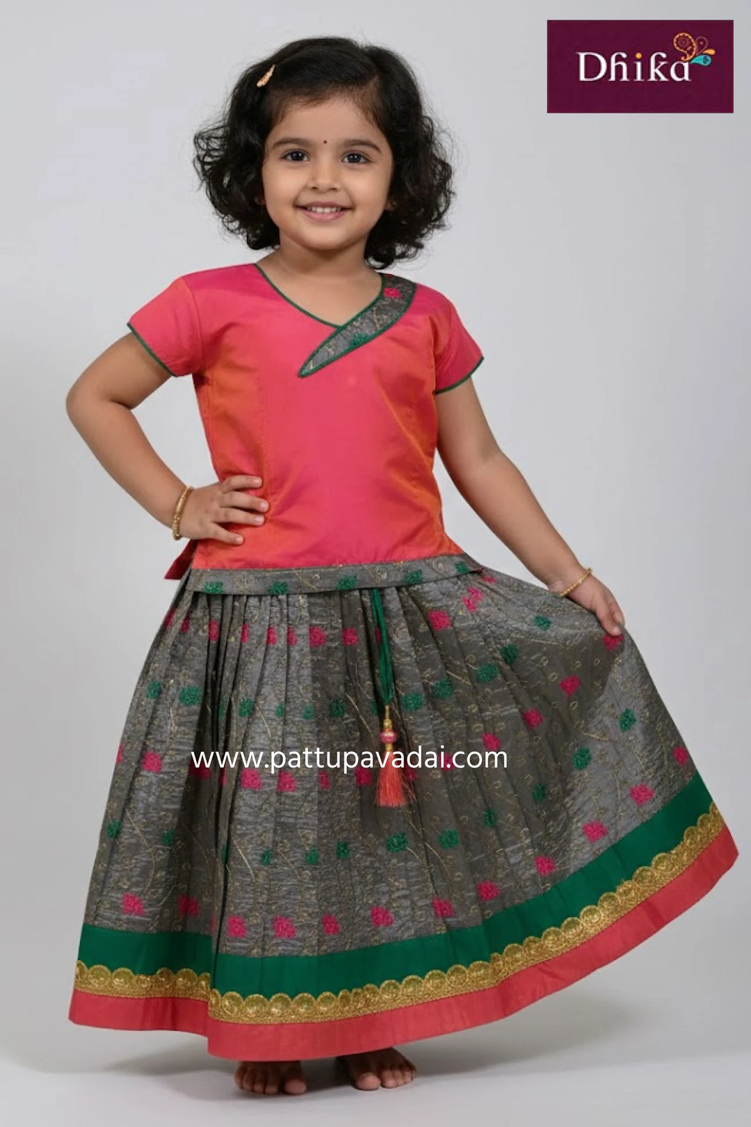 kids embroidery pink and grey langa traditional skirt and blouse set for girls