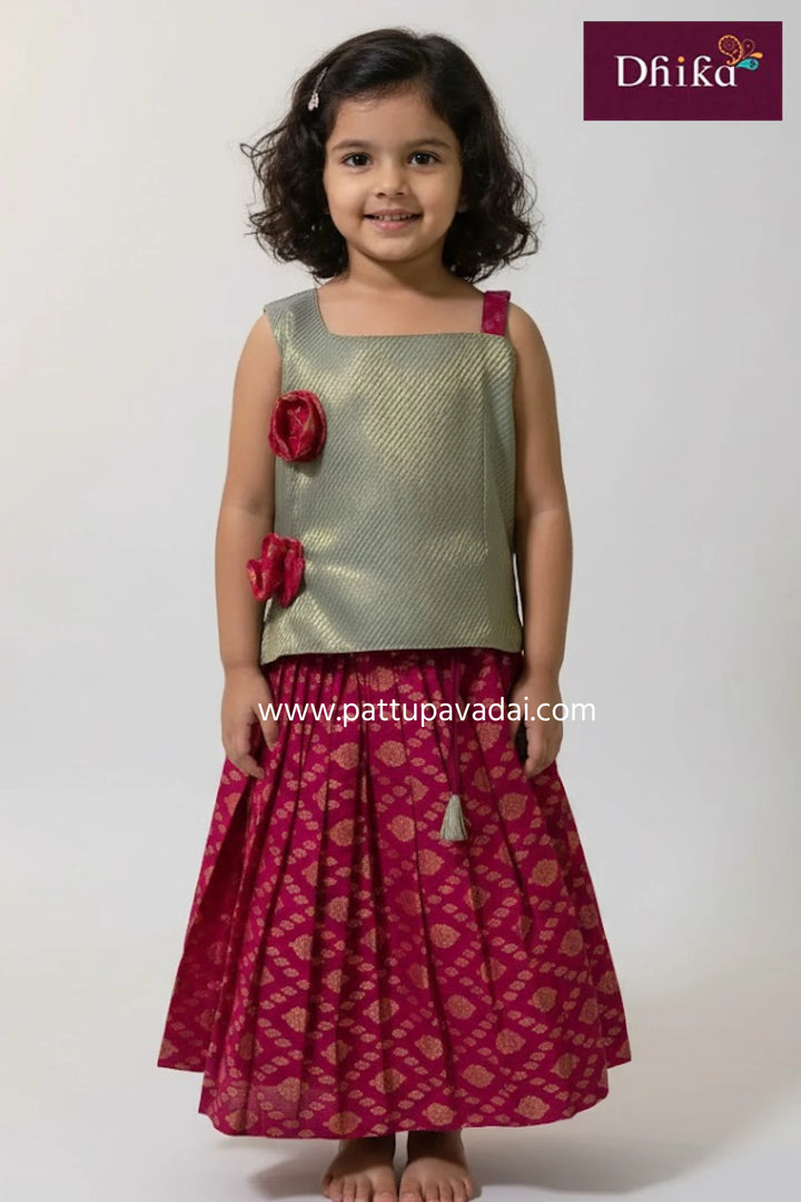 kids pink and grey fancy cotton langa designer skirt with tissue silk top
