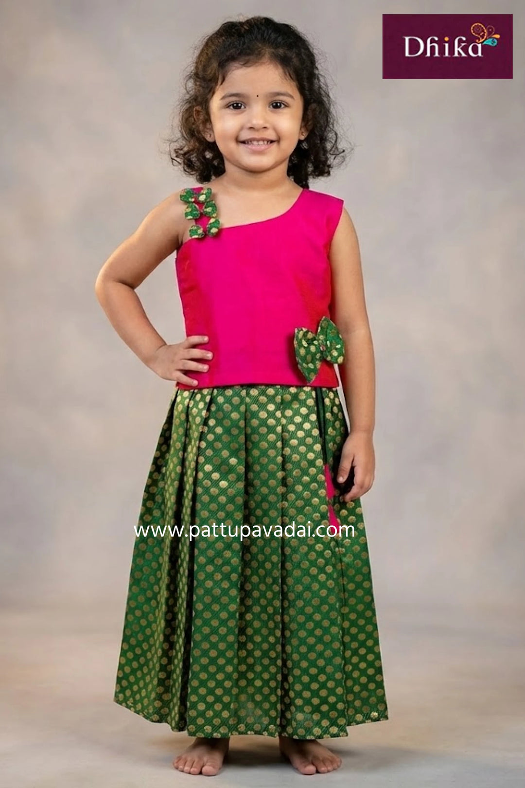 kids green and pink fancy langa butta skirt with shoulder bow top set