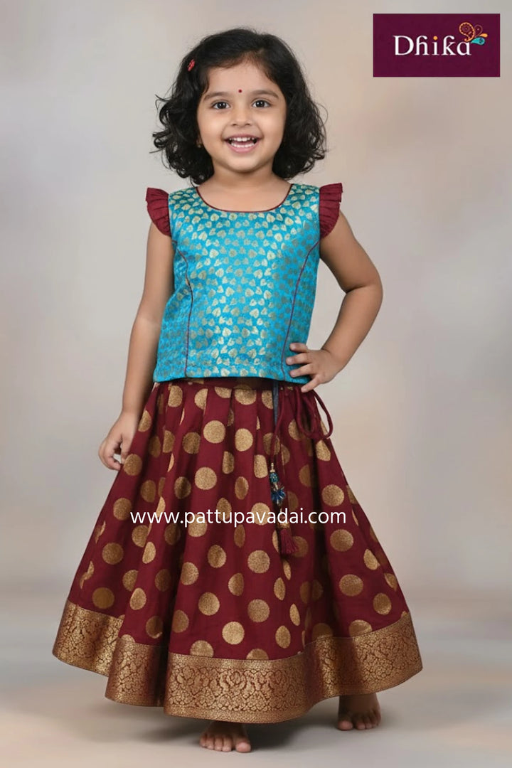 kids maroon and sky blue fancy langa umbrella skirt with brocade butta sleeveless top