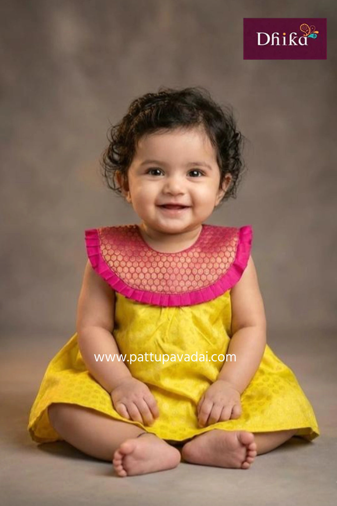 kids fancy pink and yellow festive frock with soft cotton lining traditional wear from pattupavadai.com