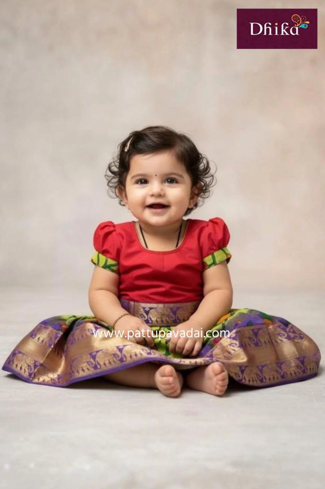 kids green red cotton kalamkari skirt with zari border