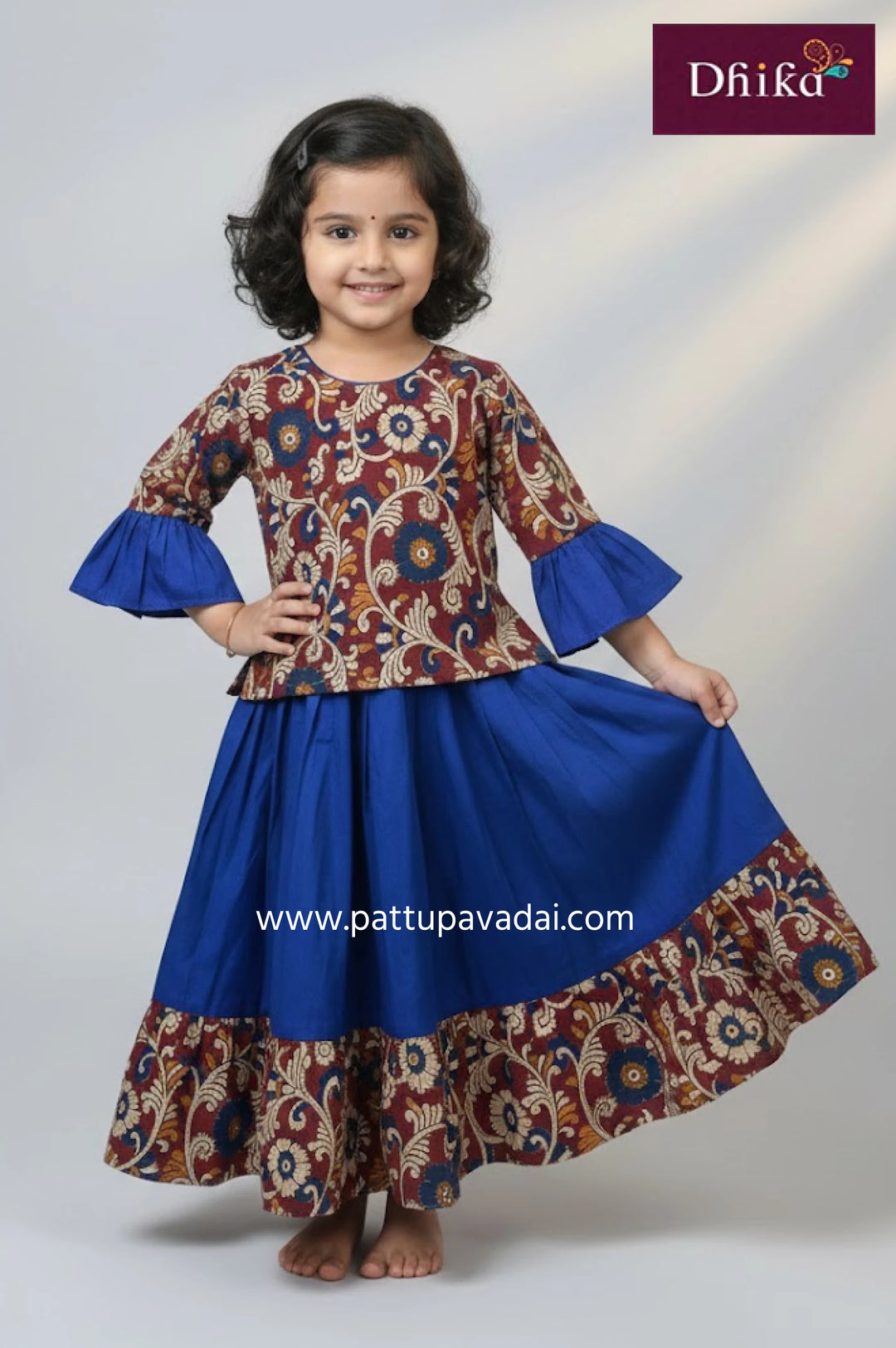 kids maroon blue kalamkari pavadai sattai with broad border skirt