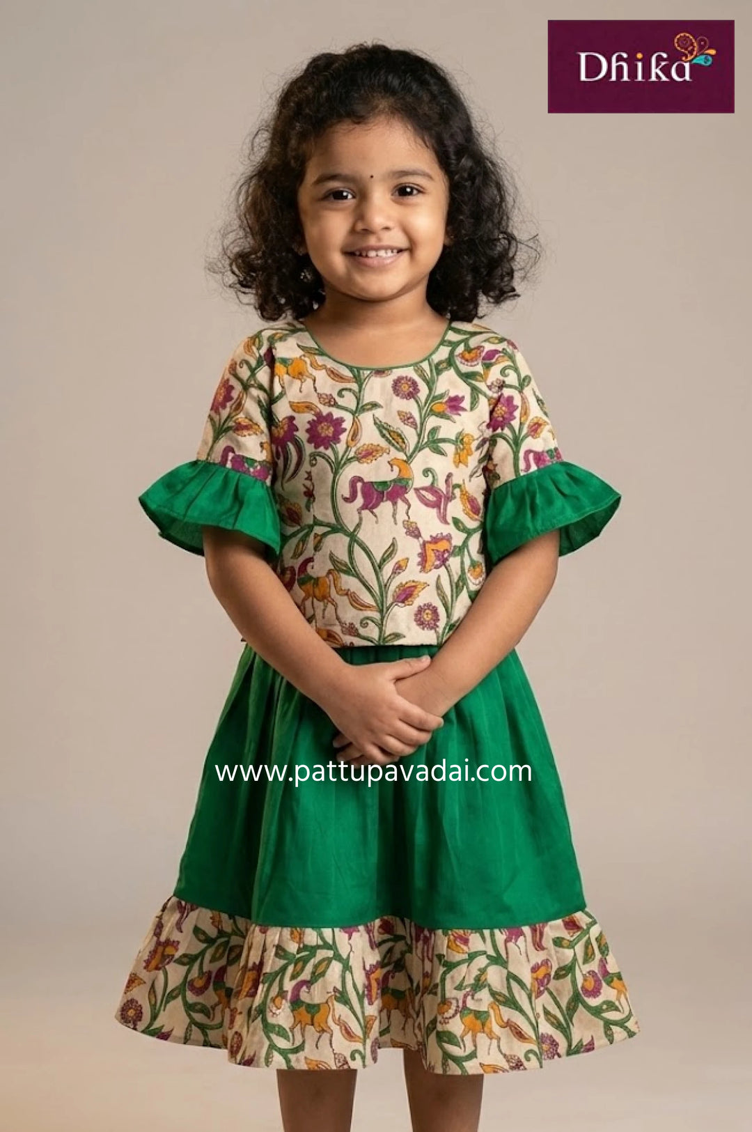 kids sandal green kalamkari pavadai sattai with broad border skirt