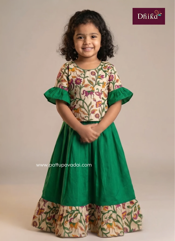 kids sandal green kalamkari pavadai sattai with broad border skirt