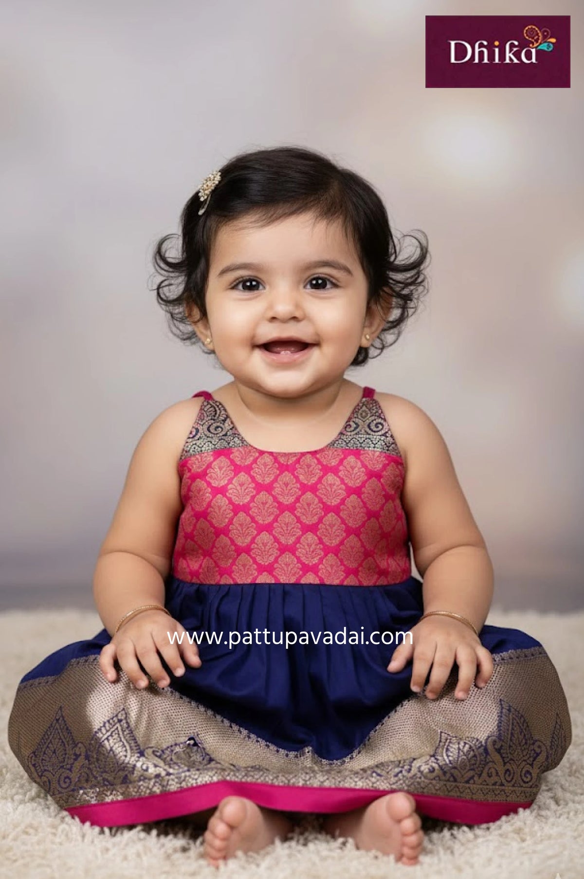pink and navy blue knot silk frock for kids with soft cotton lining
