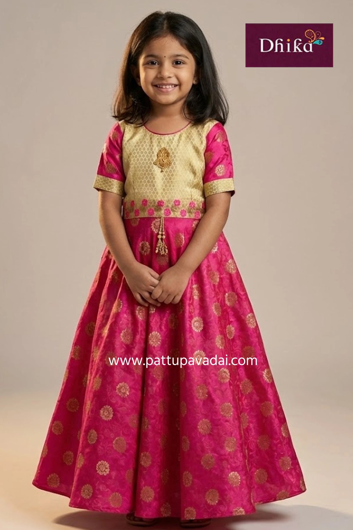 kids pink and cream banarasi style long gown traditional 3/4 sleeves girls festive occasion wear with cotton lining