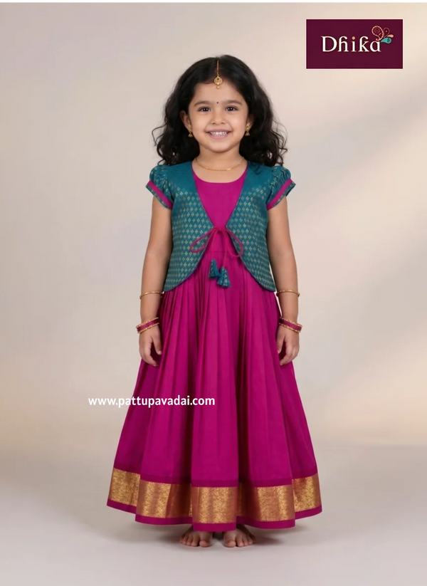 kids pink and rama green long gown toddler traditional dress with overcoat and soft inner lining