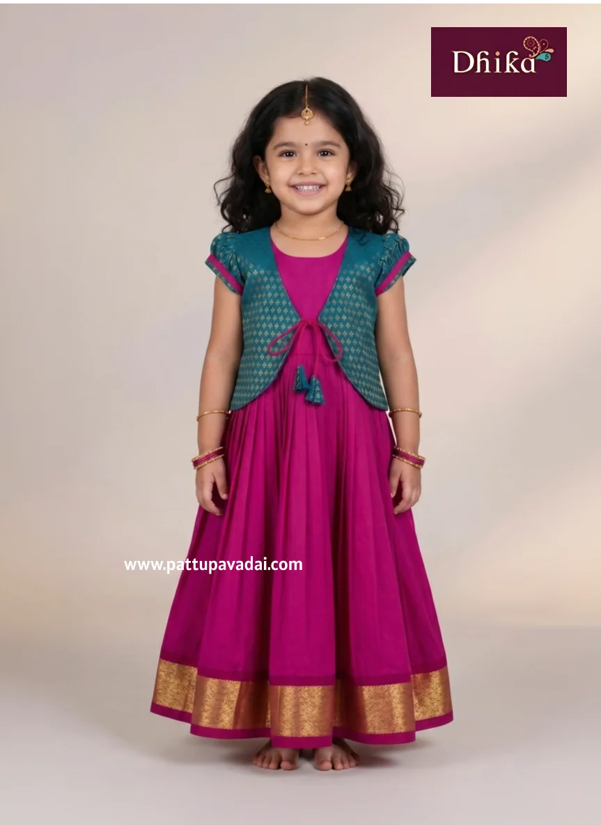 kids pink and rama green long gown toddler traditional dress with overcoat and soft inner lining
