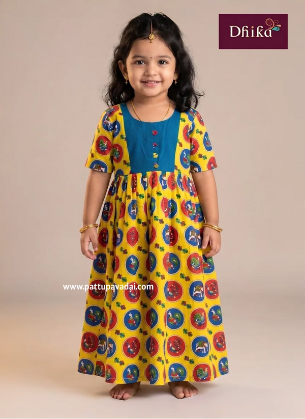 kids yellow and blue cotton long gown toddler summer wear lightweight cotton long dress with soft inner lining