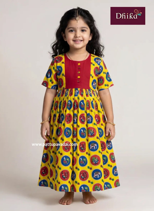 kids yellow and red cotton long gown toddler summer wear soft traditional cotton long dress with inner lining