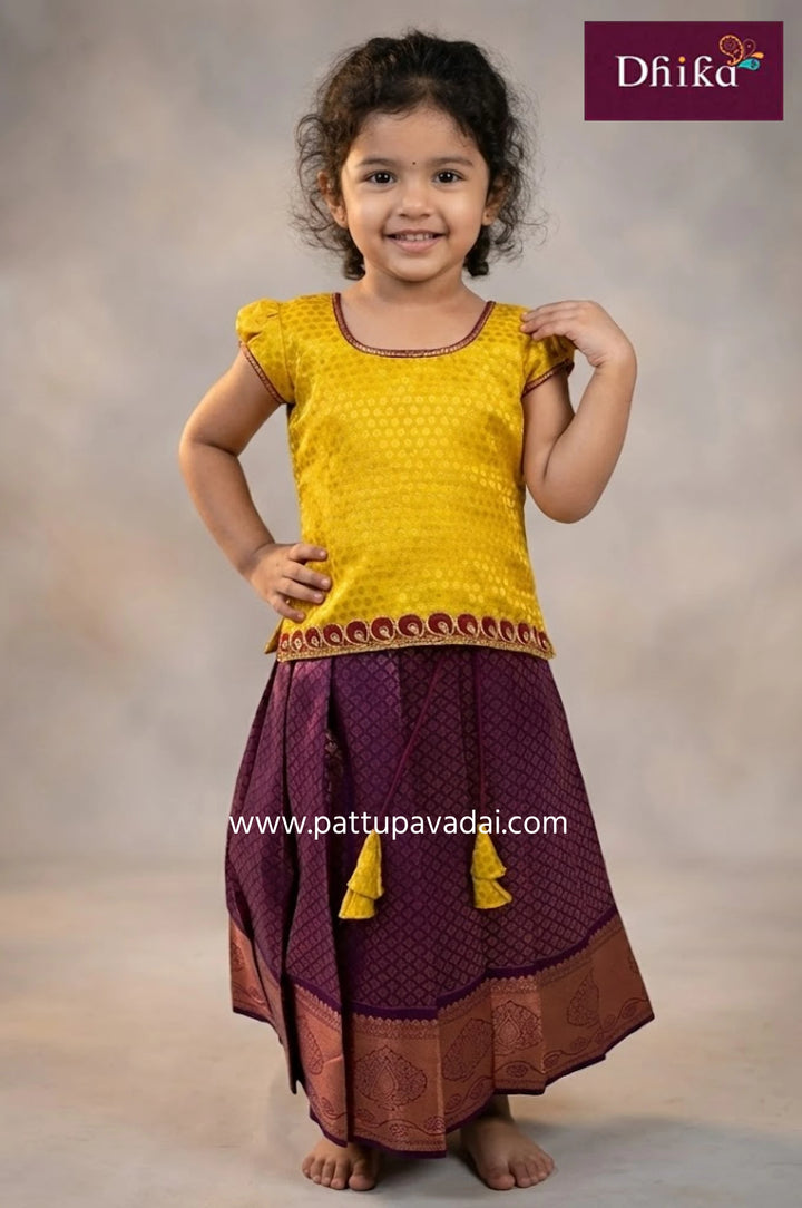Kids Maroon and Golden Pattu Pavadai 