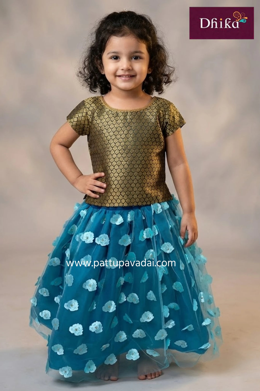 kids netted sky blue langa with black brocade top fancy ethnic skirt set for girls