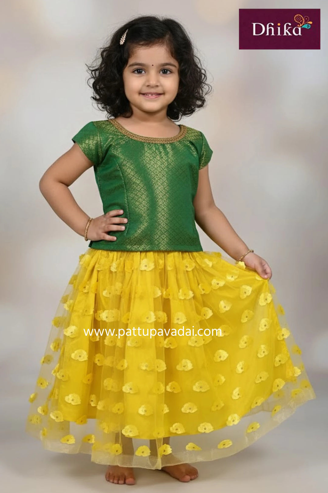 kids netted yellow langa with green brocade top fancy ethnic skirt set for girls