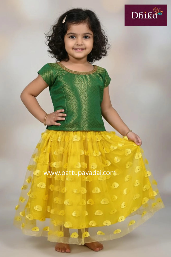 kids netted yellow langa with green brocade top fancy ethnic skirt set for girls