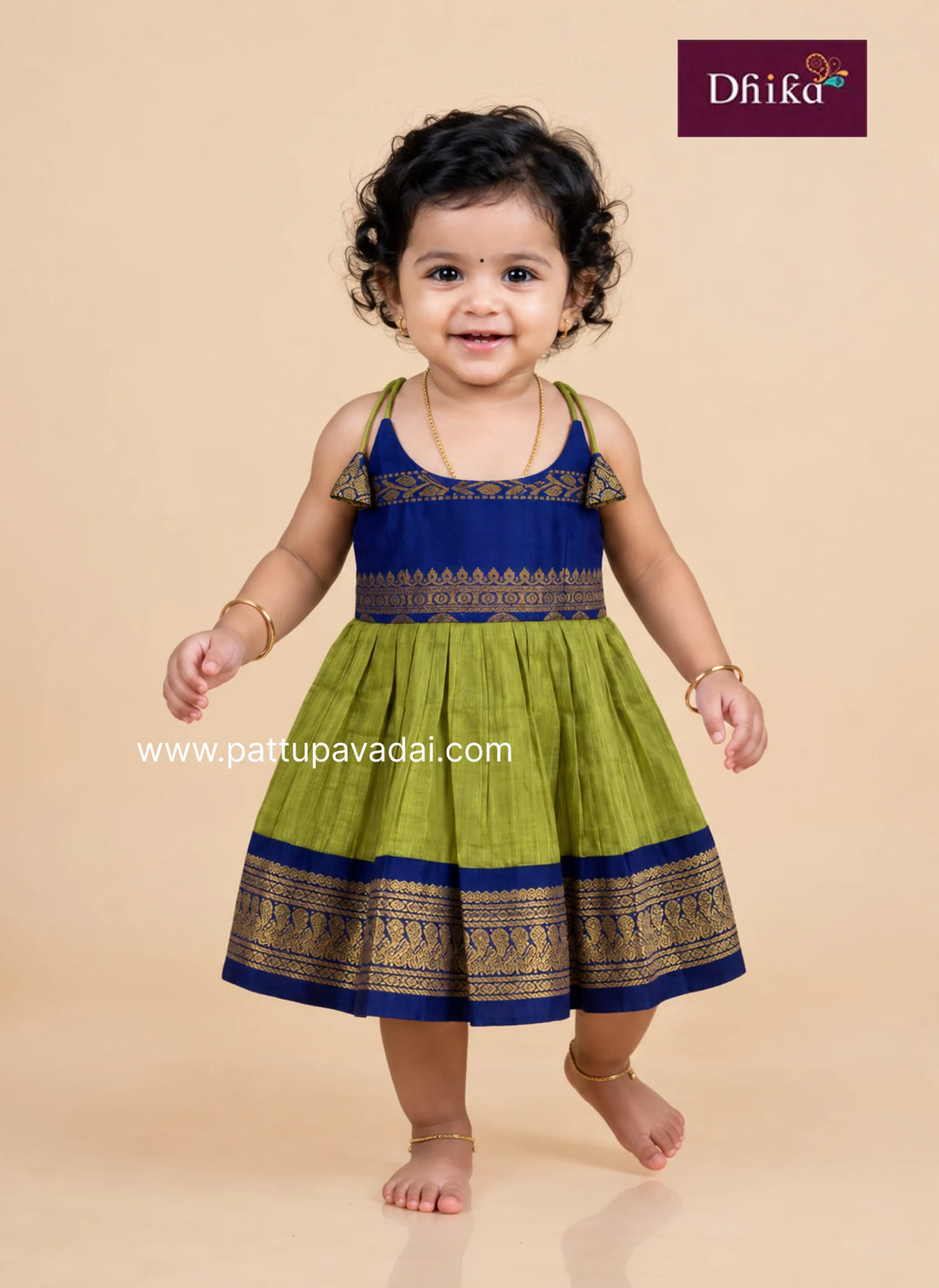 kids' cotton dress in parrot green and blue