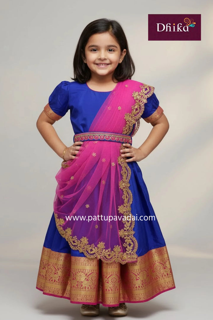kids blue and pink pattu silk long gown girls traditional festive long dress with cotton lining