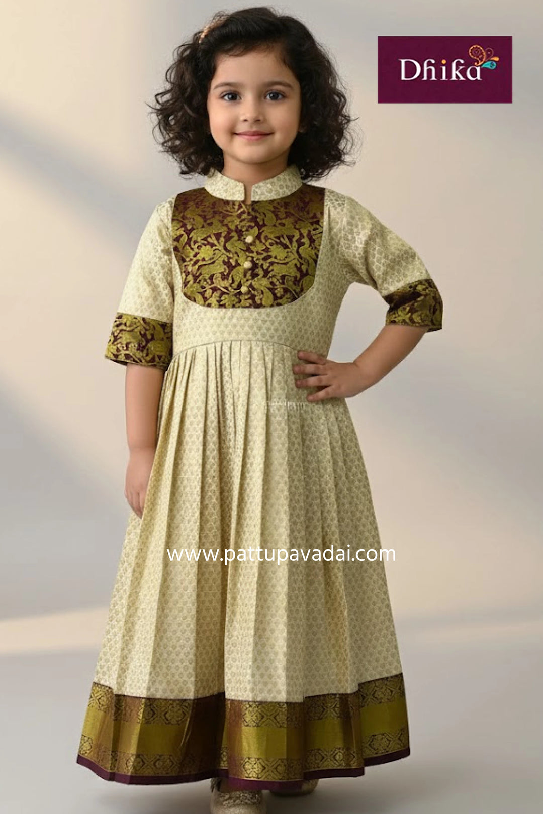 kids brown and cream pattu silk long gown girls traditional festive wear with bead work and soft inner lining