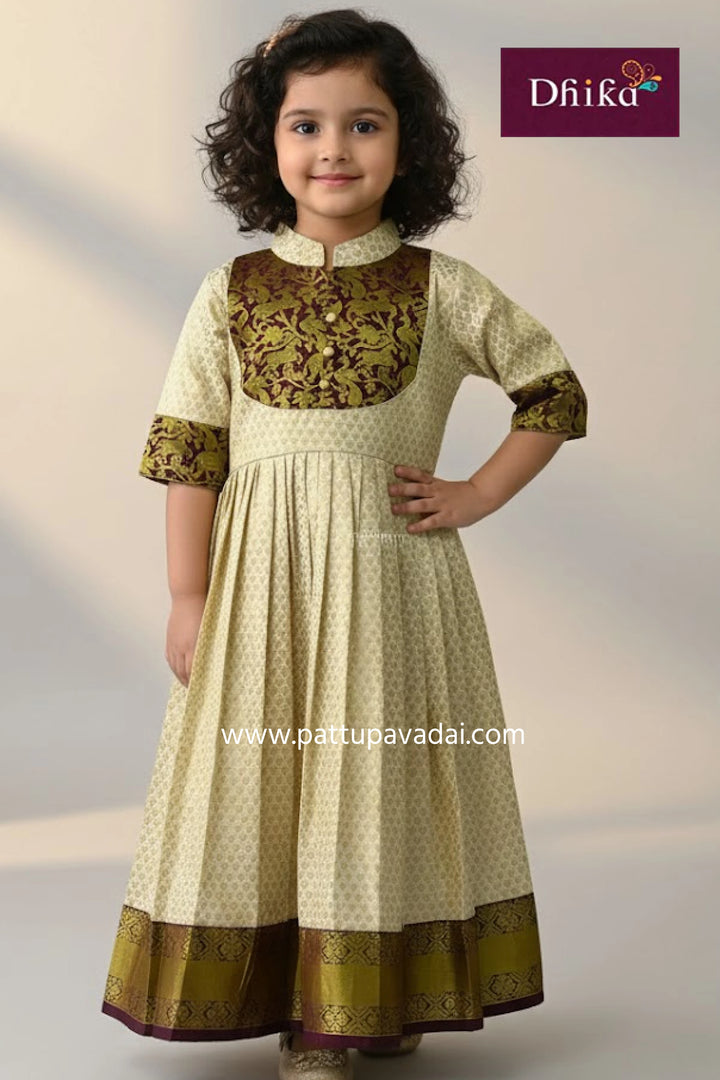 kids brown and cream pattu silk long gown girls traditional festive wear with bead work and soft inner lining