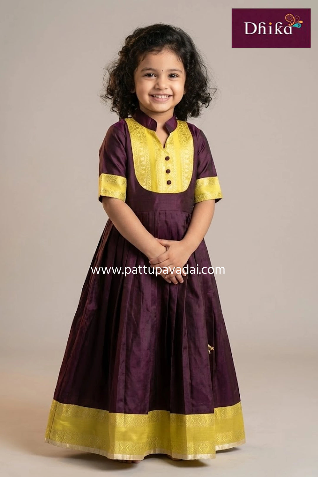 kids coffee brown pattu silk long gown girls traditional occasion wear with bead yoke detailing and soft inner lining