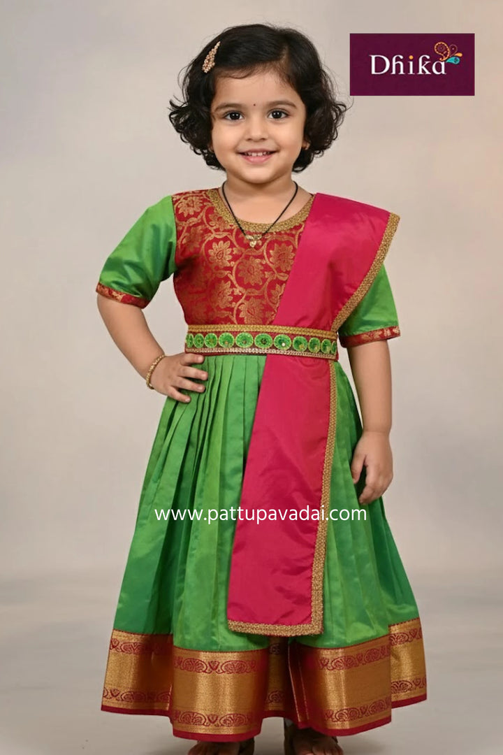 kids green and red pattu silk long gown traditional festive wear with belt, shawl and cotton lining