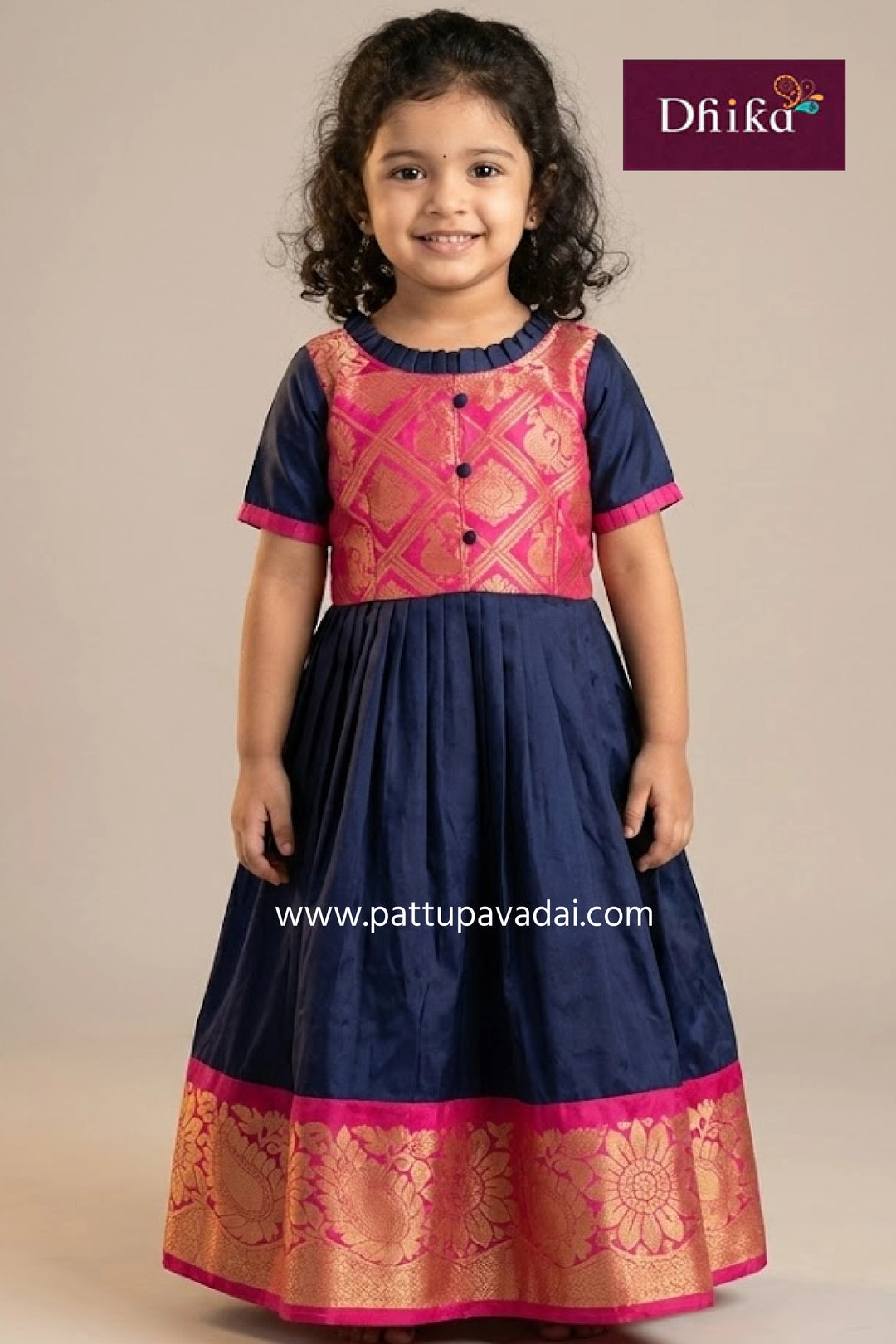 kids navy blue pattu silk long gown girls traditional festive long dress with beadwork and inner lining
