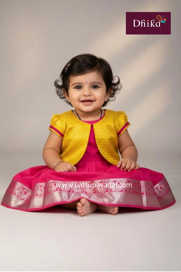 kids pattu pink long gown traditional silk long dress with puff sleeve coat and soft cotton lining