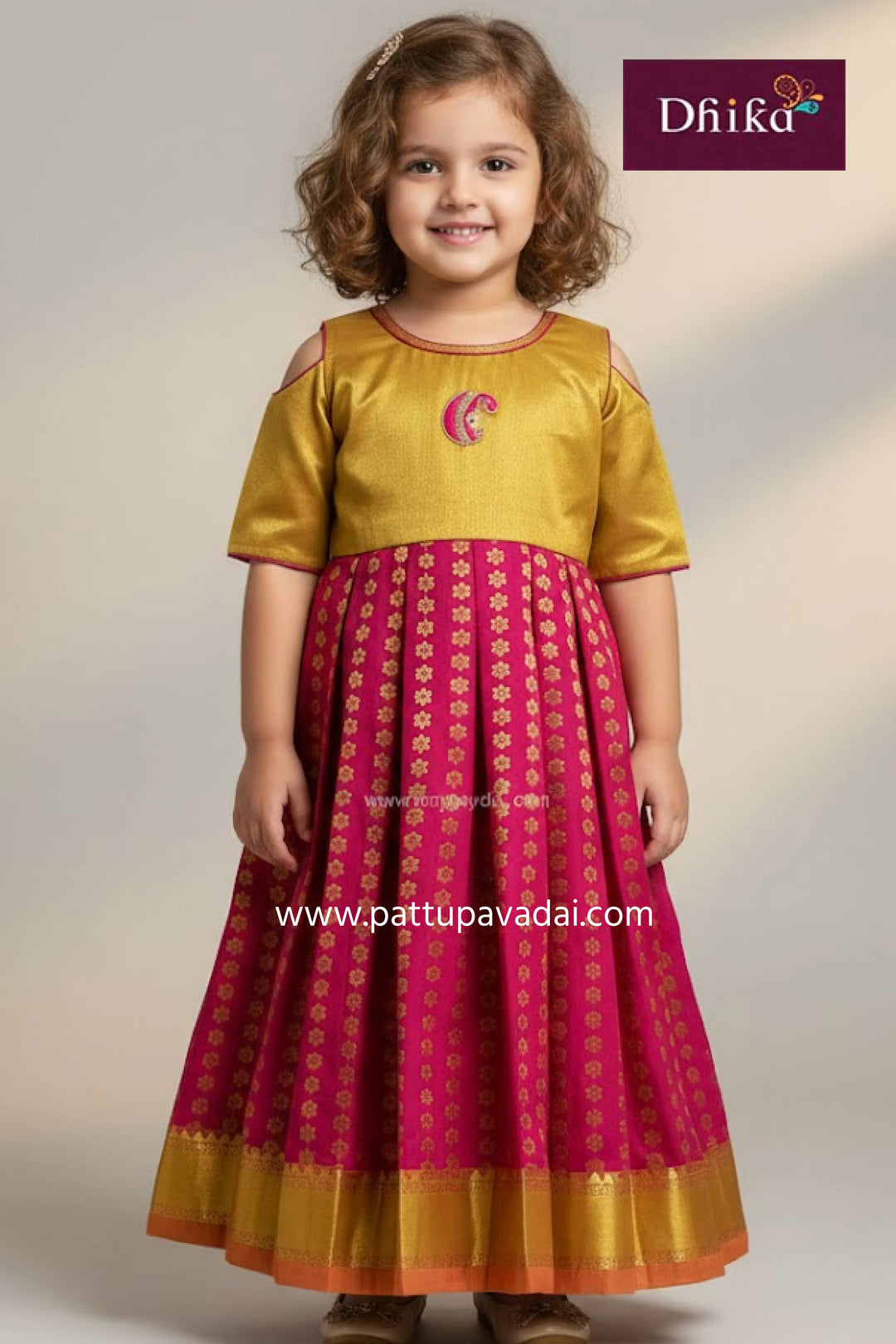 kids pink and golden pattu silk long gown traditional festive long dress with patchwork, cold sleeves and soft inner lining