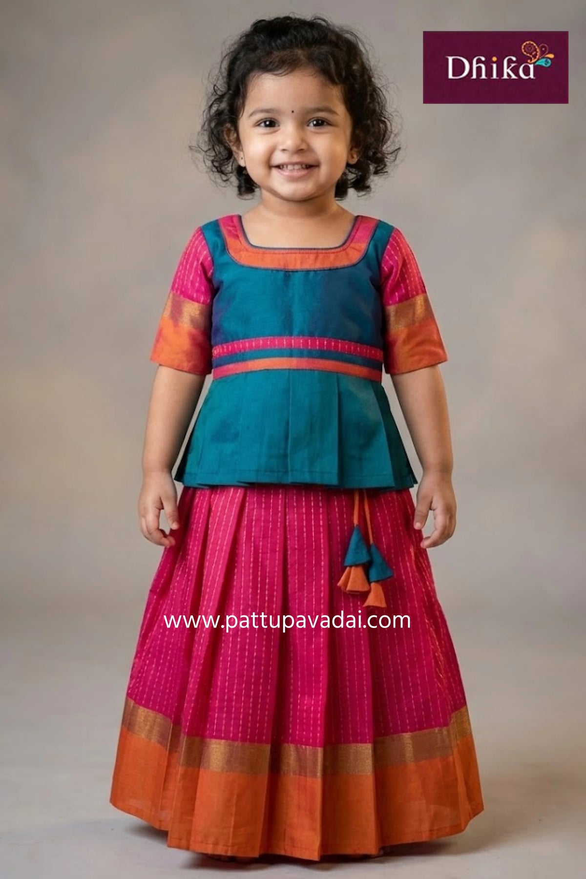 kids pattu pavadai pink and peacock blue traditional silk cotton festive wear from pattupavadai.com