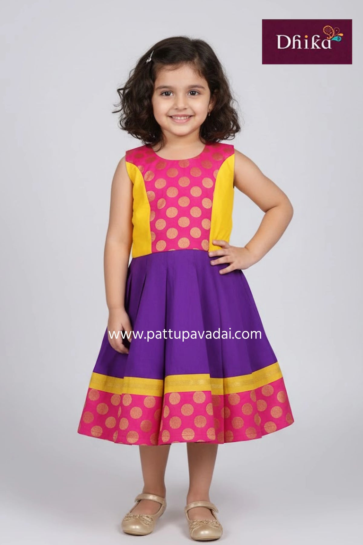 kids pattu pavadai violet and yellow traditional silk cotton festive outfit with zari butta design and soft cotton lining from pattupavadai.com