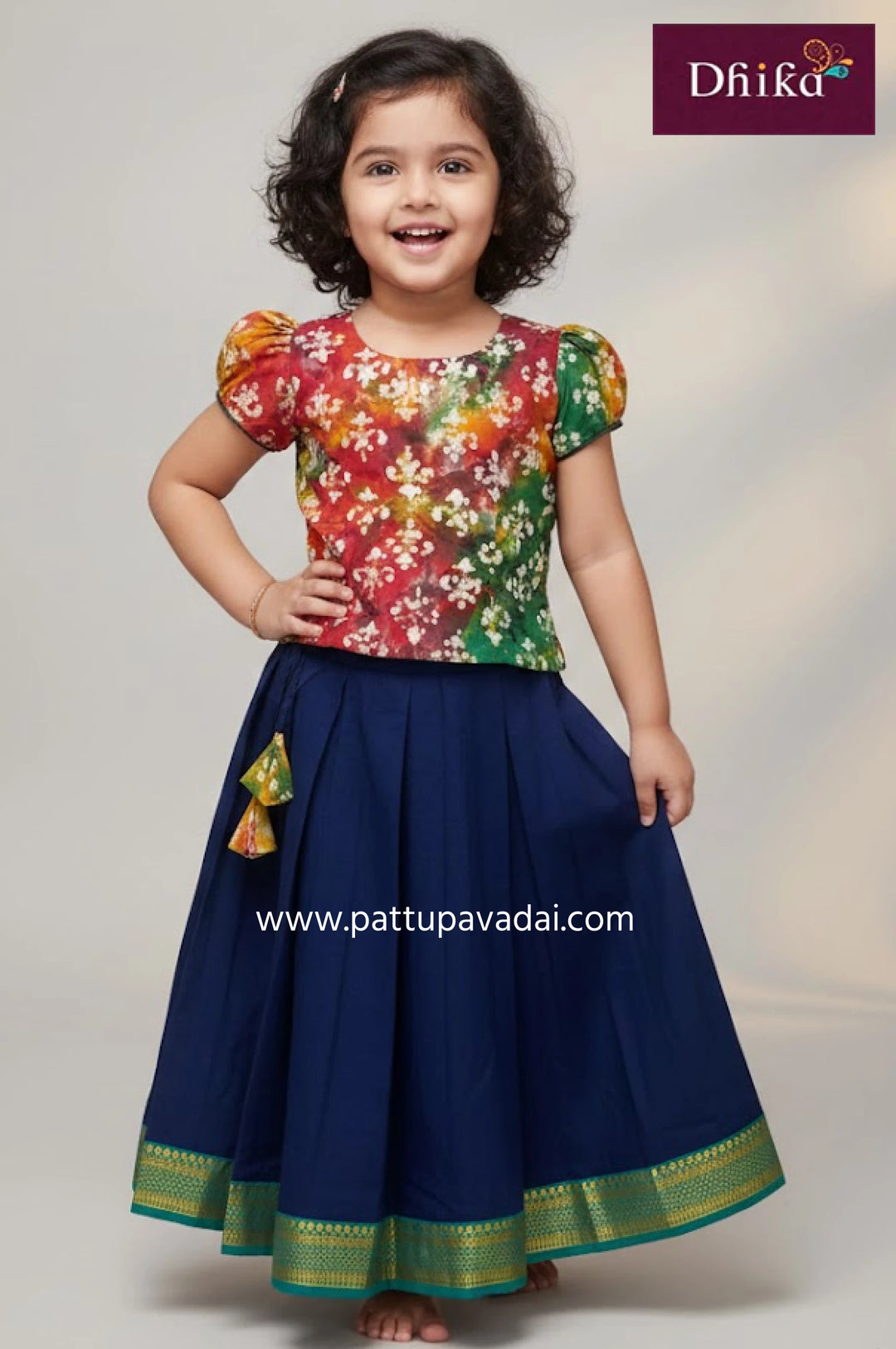 kids navy blue cotton pavadai sattai with batik print top