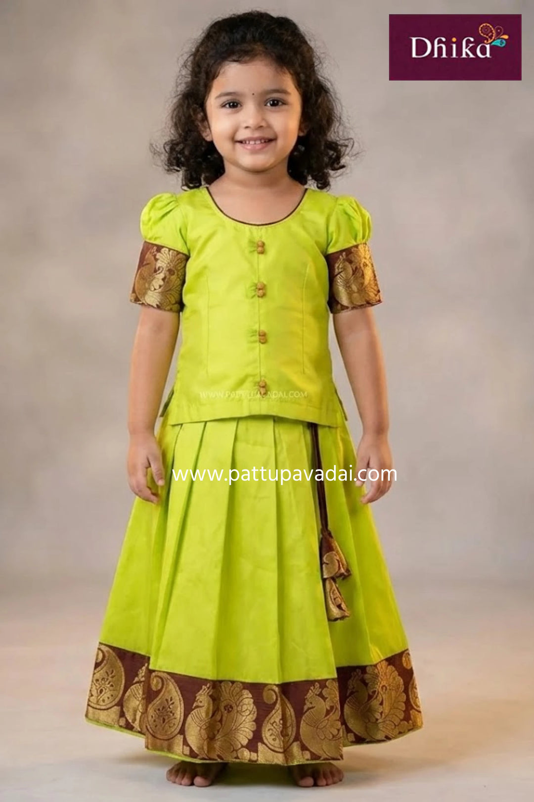 kids fluorescent green pure cotton pavadai traditional skirt and top set for girls
