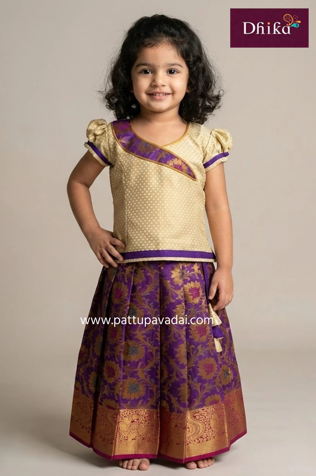 Kids Pure Silk Cream and Violet Pavadai