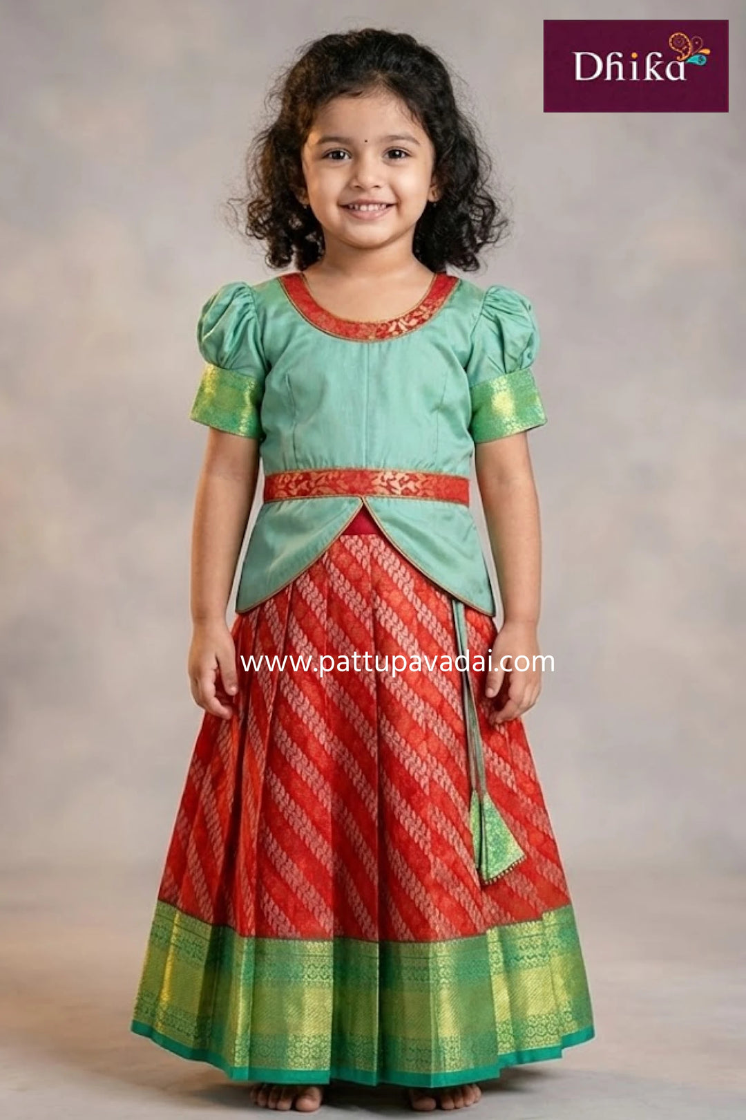 kids red and pista green pure silk designer pavadai zari butta skirt set with traditional border