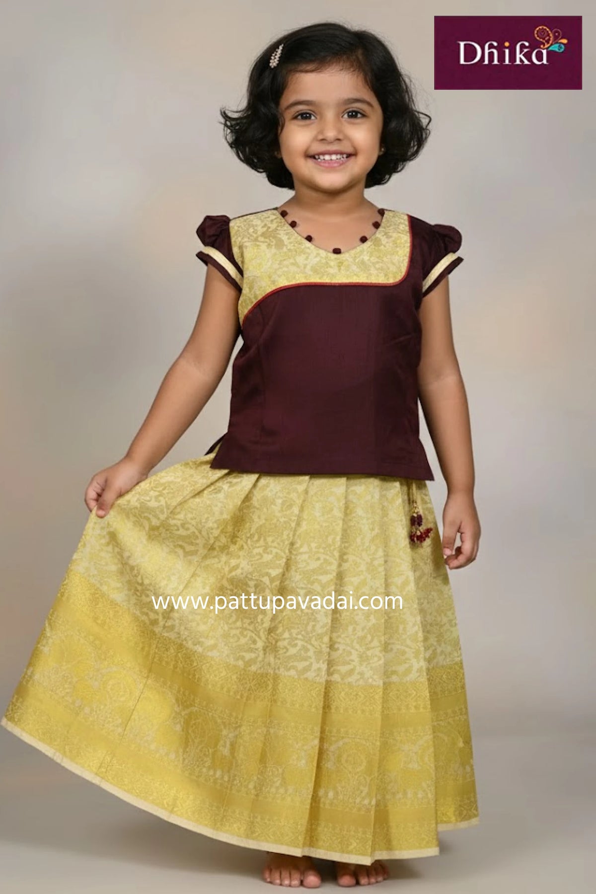 kids brown and sandal pure silk pavadai peacock zari skirt with elephant border and puff sleeve top