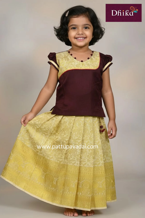 kids brown and sandal pure silk pavadai peacock zari skirt with elephant border and puff sleeve top