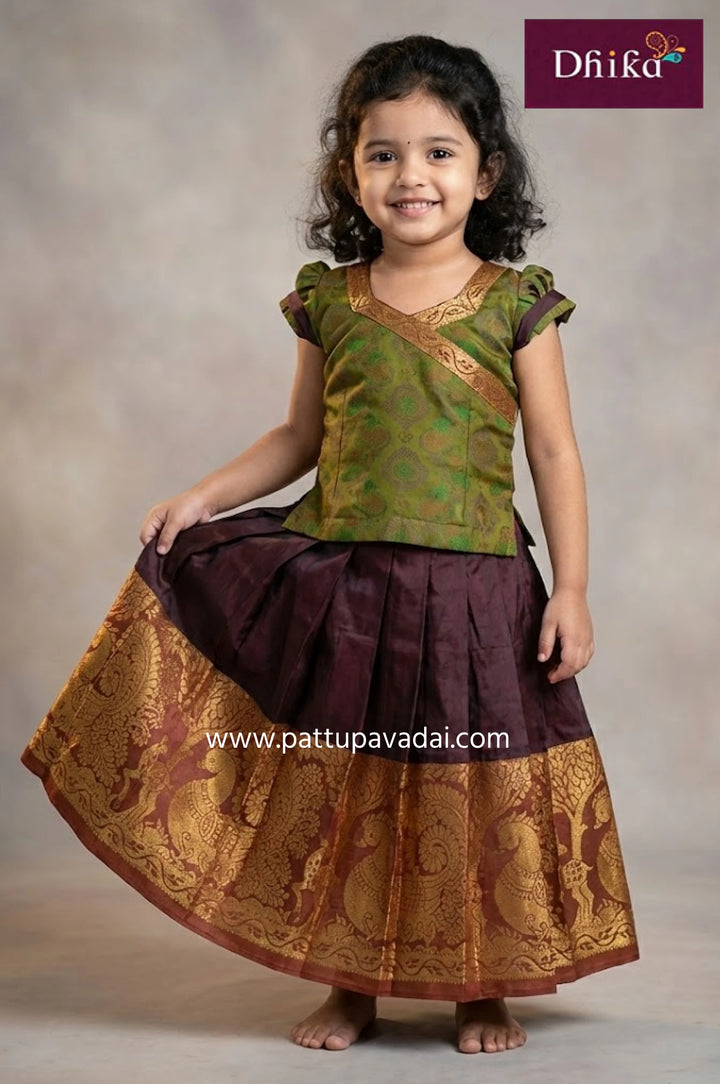 Kids Pure Silk Pavadai Green and Brown