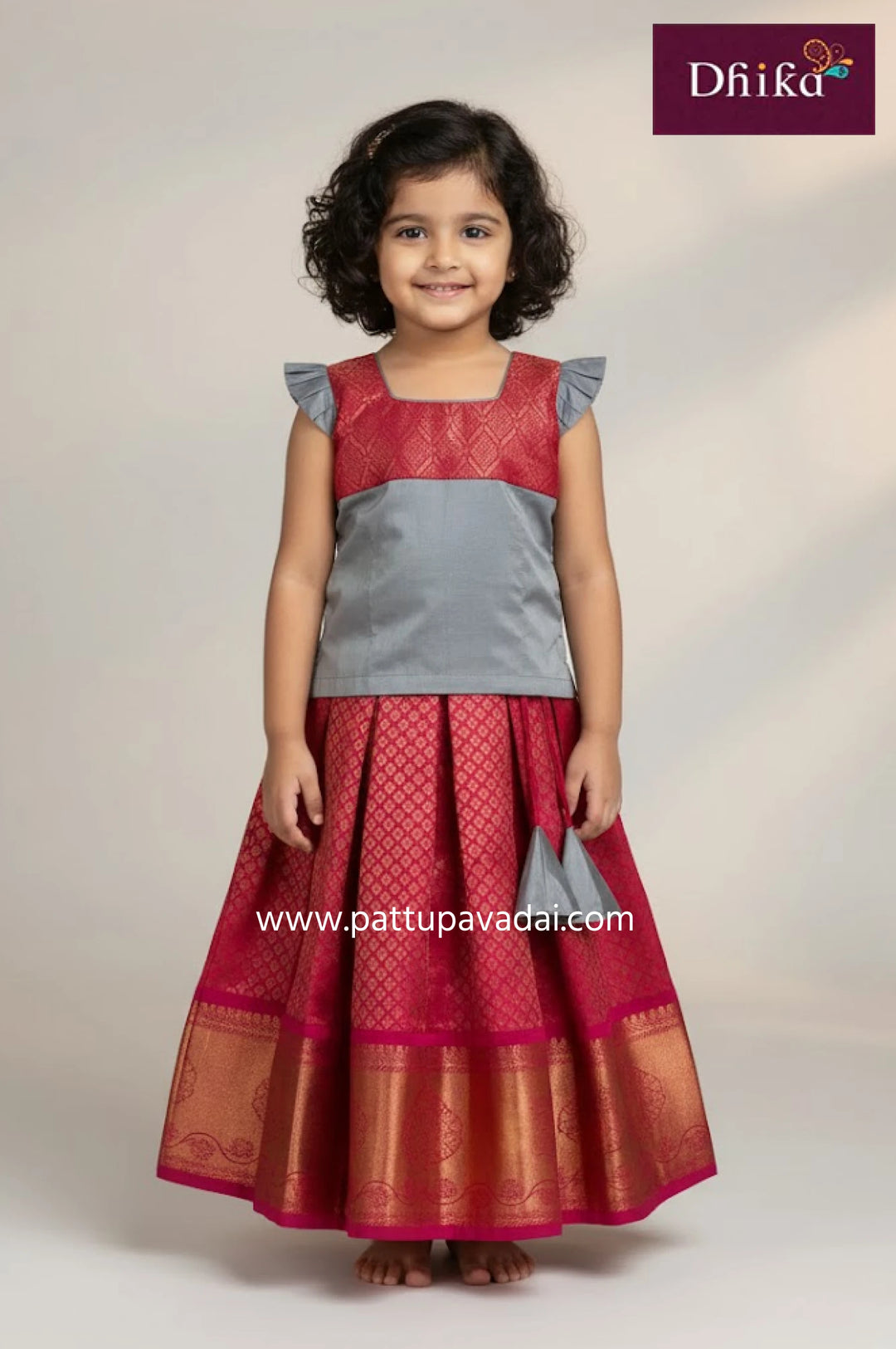 Kids Pure Silk Pavadai Grey and Red