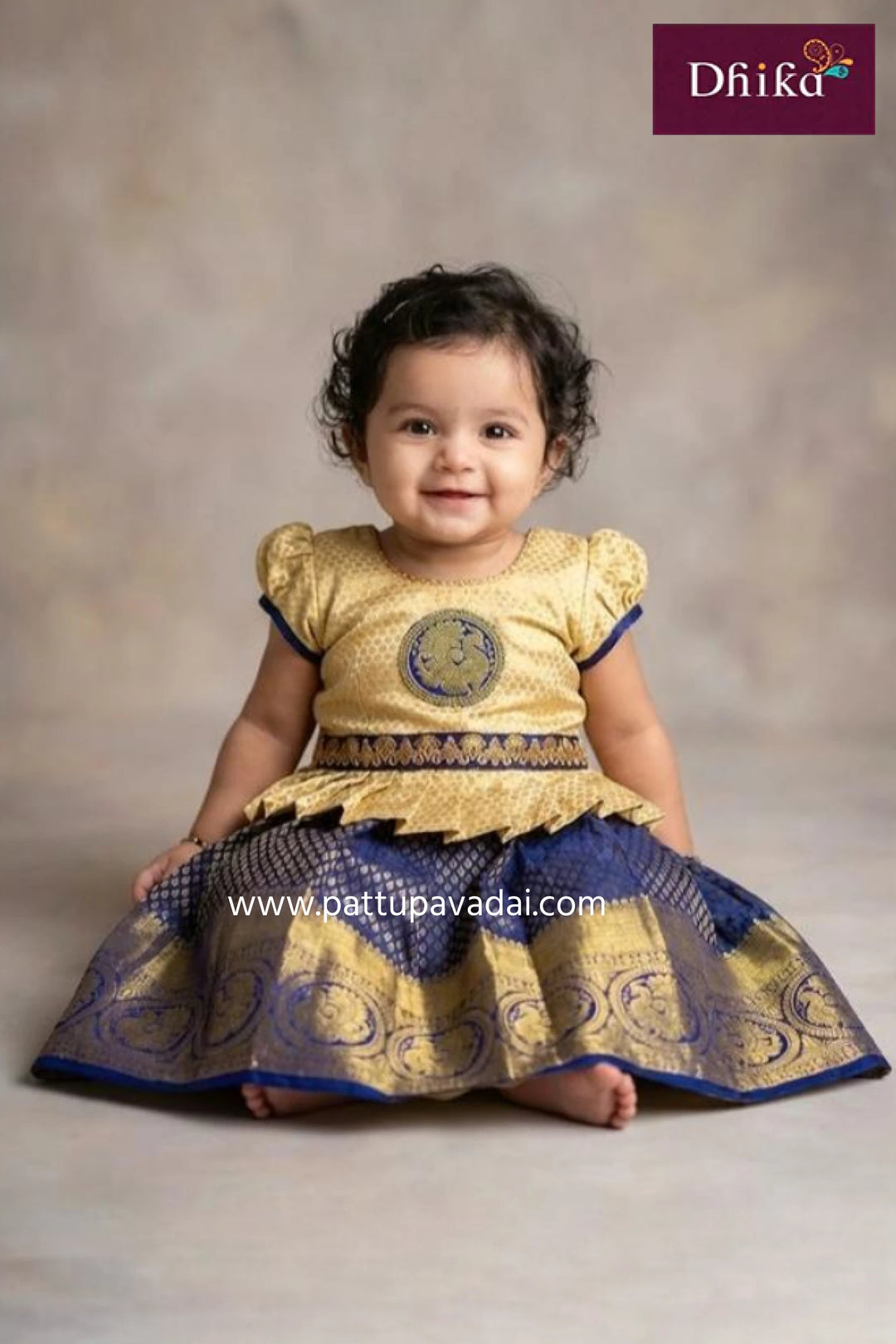 Kids Pure Silk Pavadai Navy Blue and Cream 
