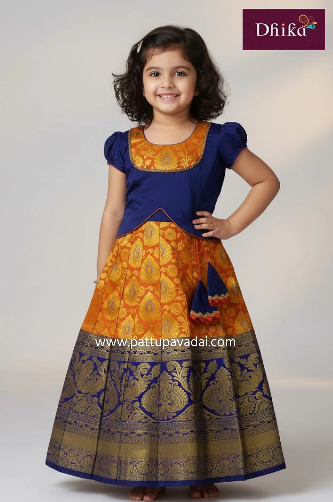 Kids Pure Silk Pavadai Orange and Navy Blue