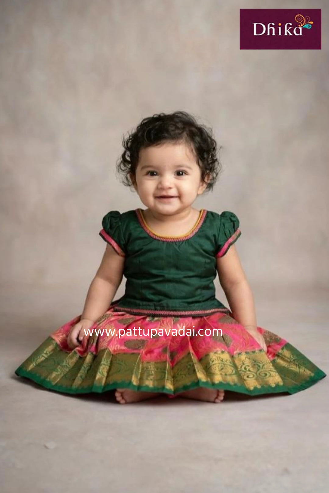 Kids Pure Silk Pavadai Pink and Green 