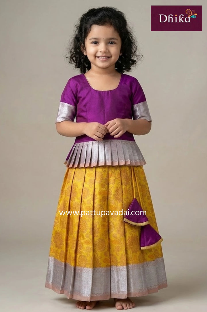 Kids Pure Silk Pavadai Yellow and Magenta